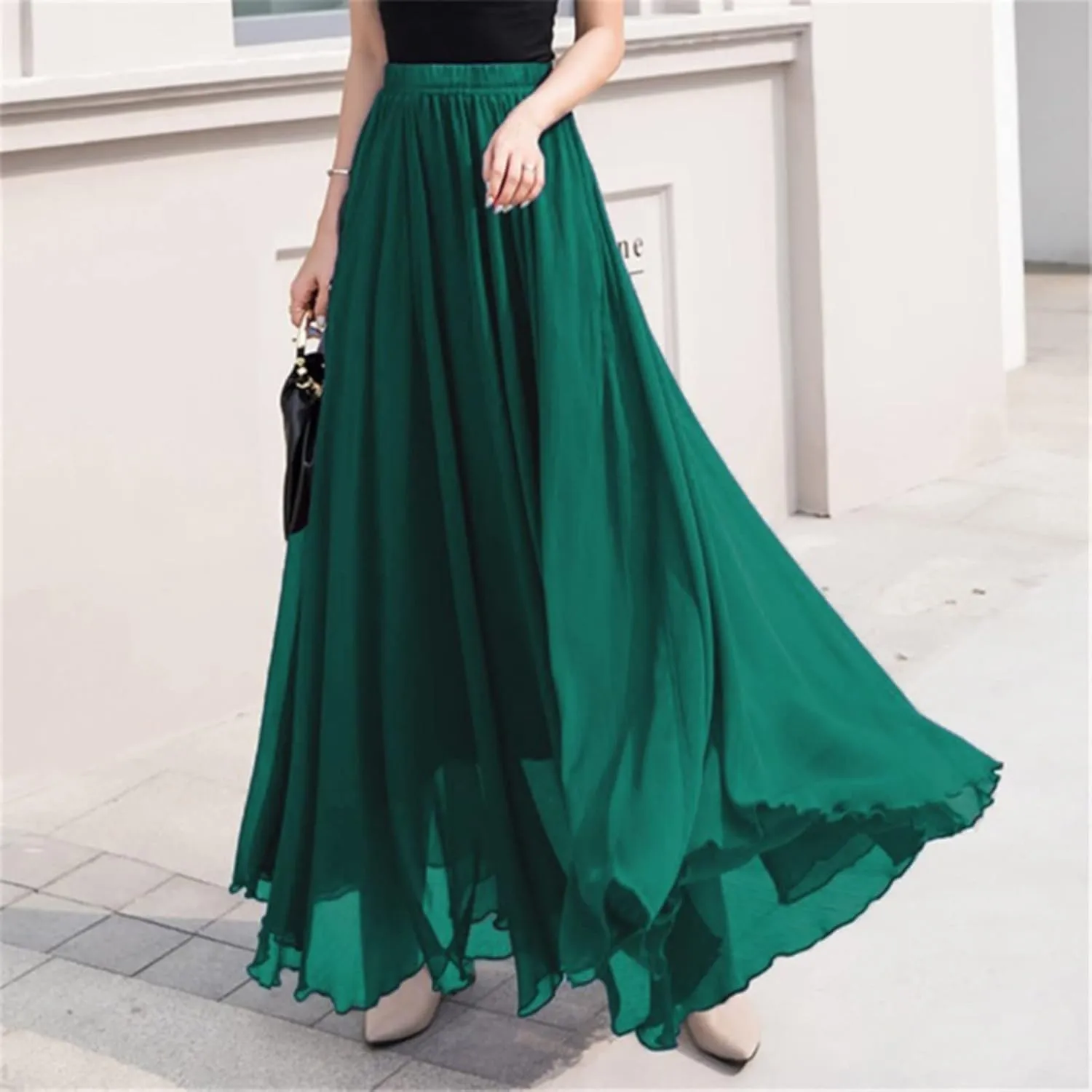 Maxi Skirt Summer Women's Solid Color Chiffon Skirt Women's High Waist Long Skirt Casual Flowy Maxi Skirt