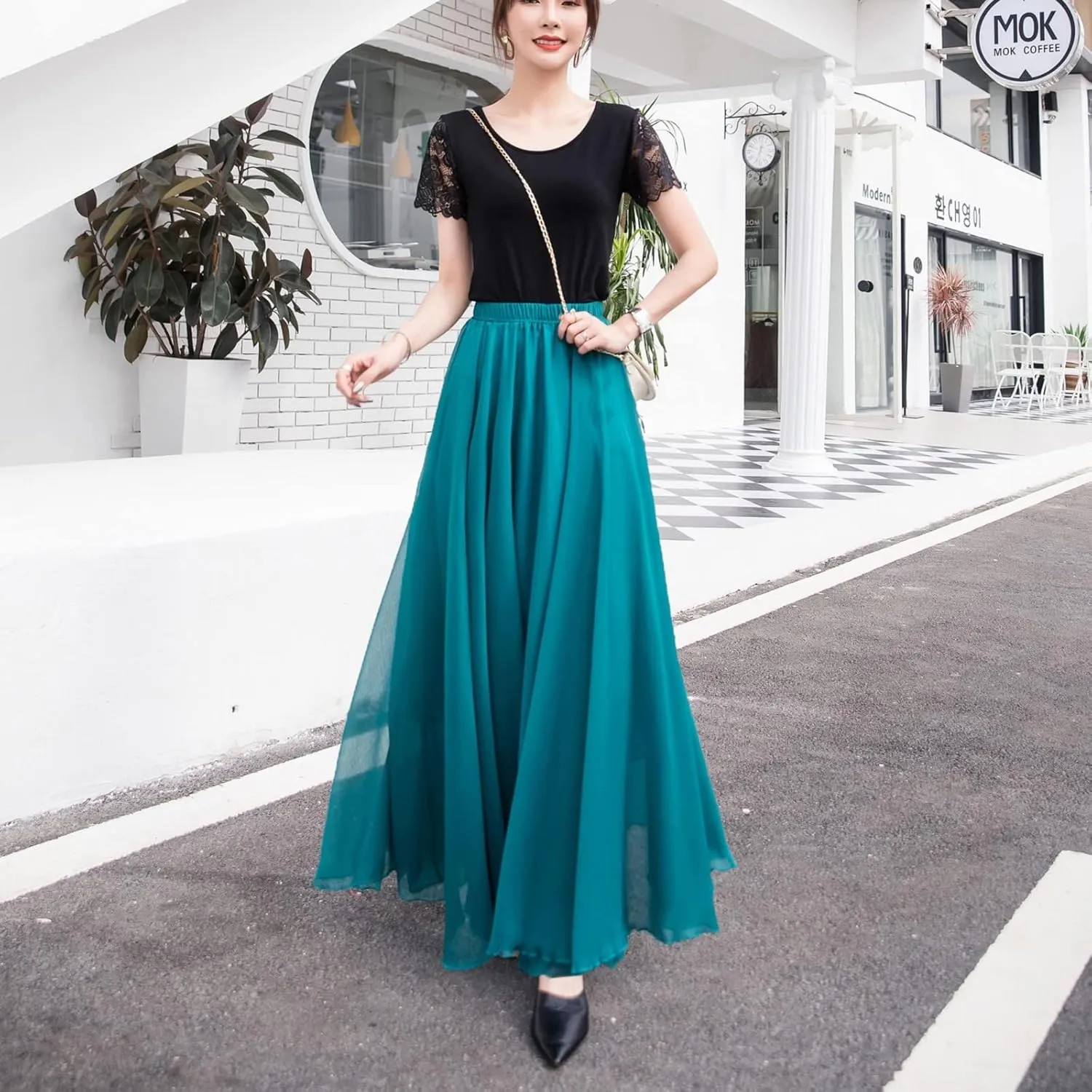 Maxi Skirt Summer Women's Solid Color Chiffon Skirt Women's High Waist Long Skirt Casual Flowy Maxi Skirt