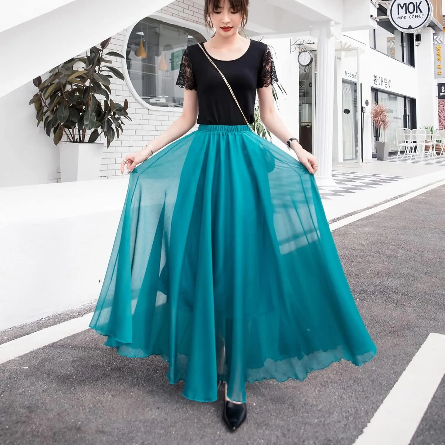 Maxi Skirt Summer Women's Solid Color Chiffon Skirt Women's High Waist Long Skirt Casual Flowy Maxi Skirt