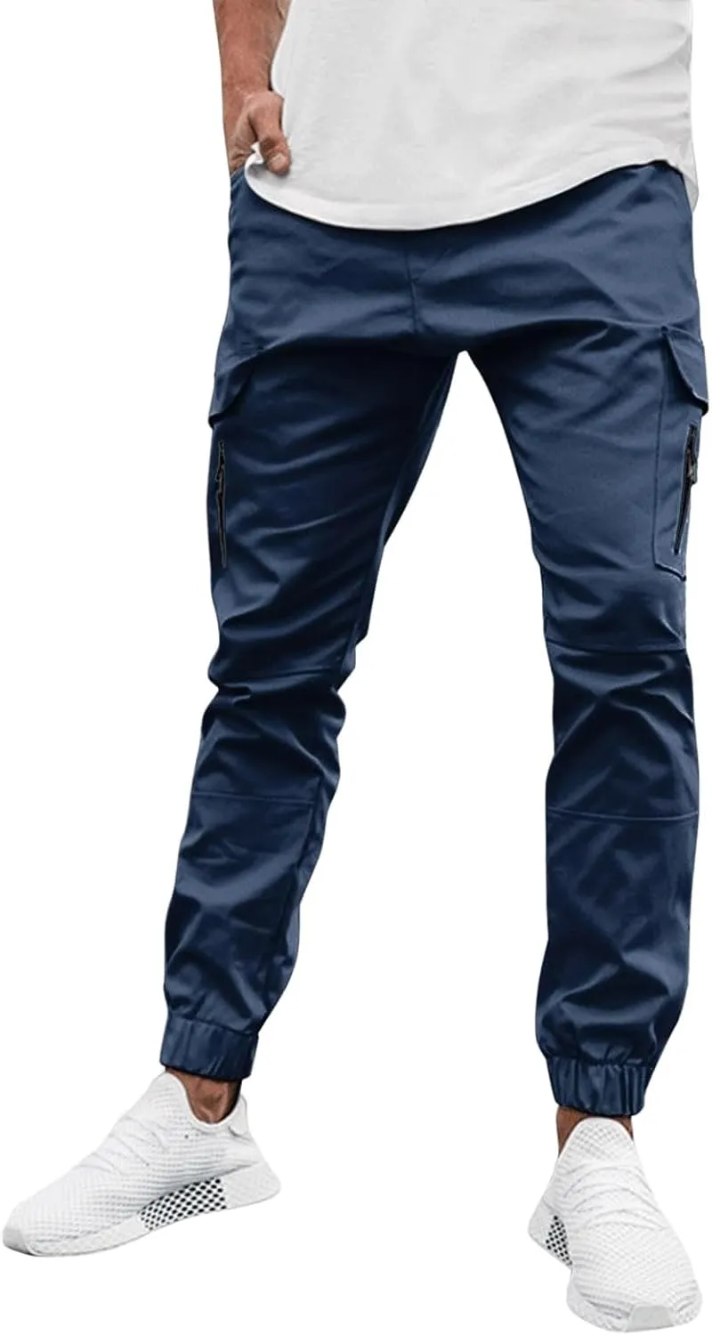 Mens Cargo Pants Lightweight Elastic Waist Casual Sweatpants Slim Fit Joggers Athletic Side Zipper Pockets Trousers