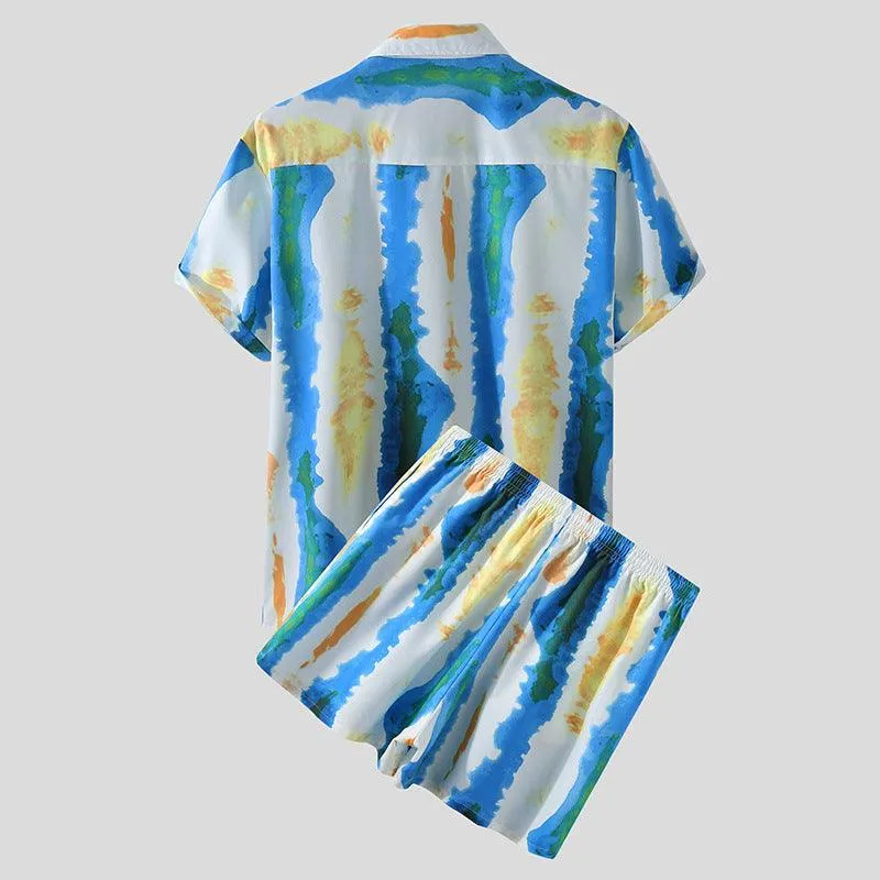 Men's Casual Beachwear Stripe Print Set