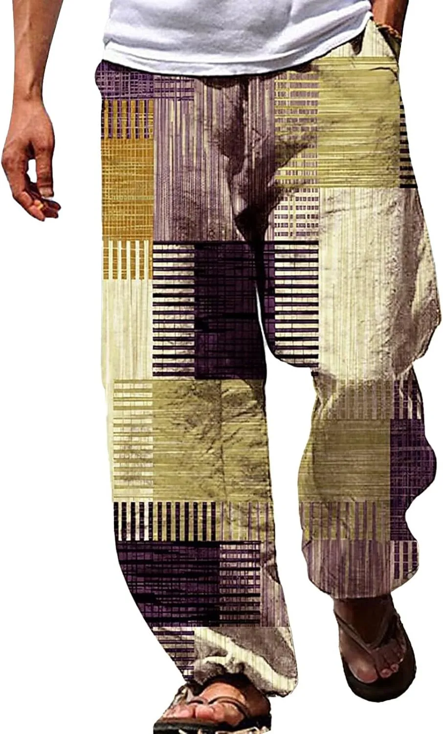 Mens Casual Linen Beach Pants Summer Fashion Jogger Yoga Linen Pants Loose Fit Relaxed Elastic Drawstring Waist