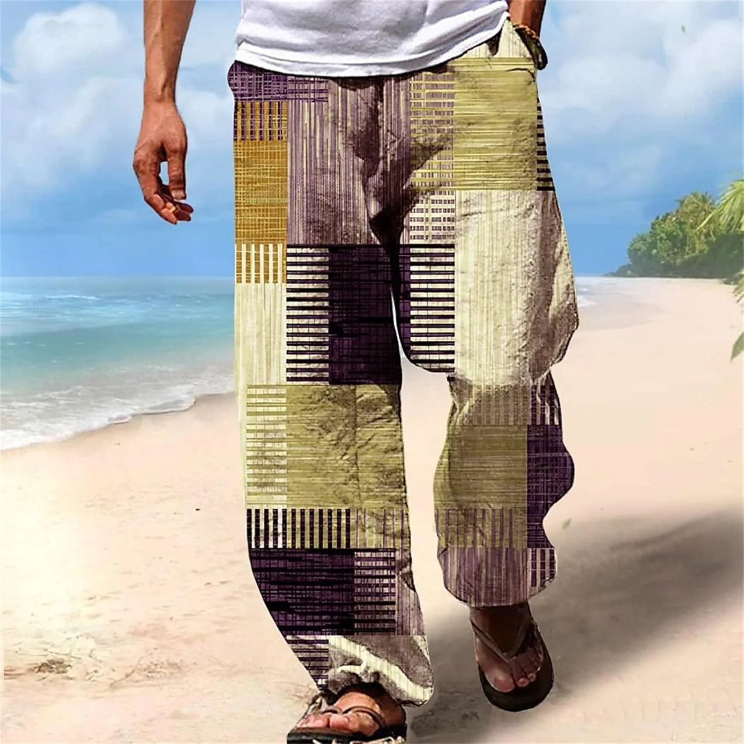 Mens Casual Linen Beach Pants Summer Fashion Jogger Yoga Linen Pants Loose Fit Relaxed Elastic Drawstring Waist