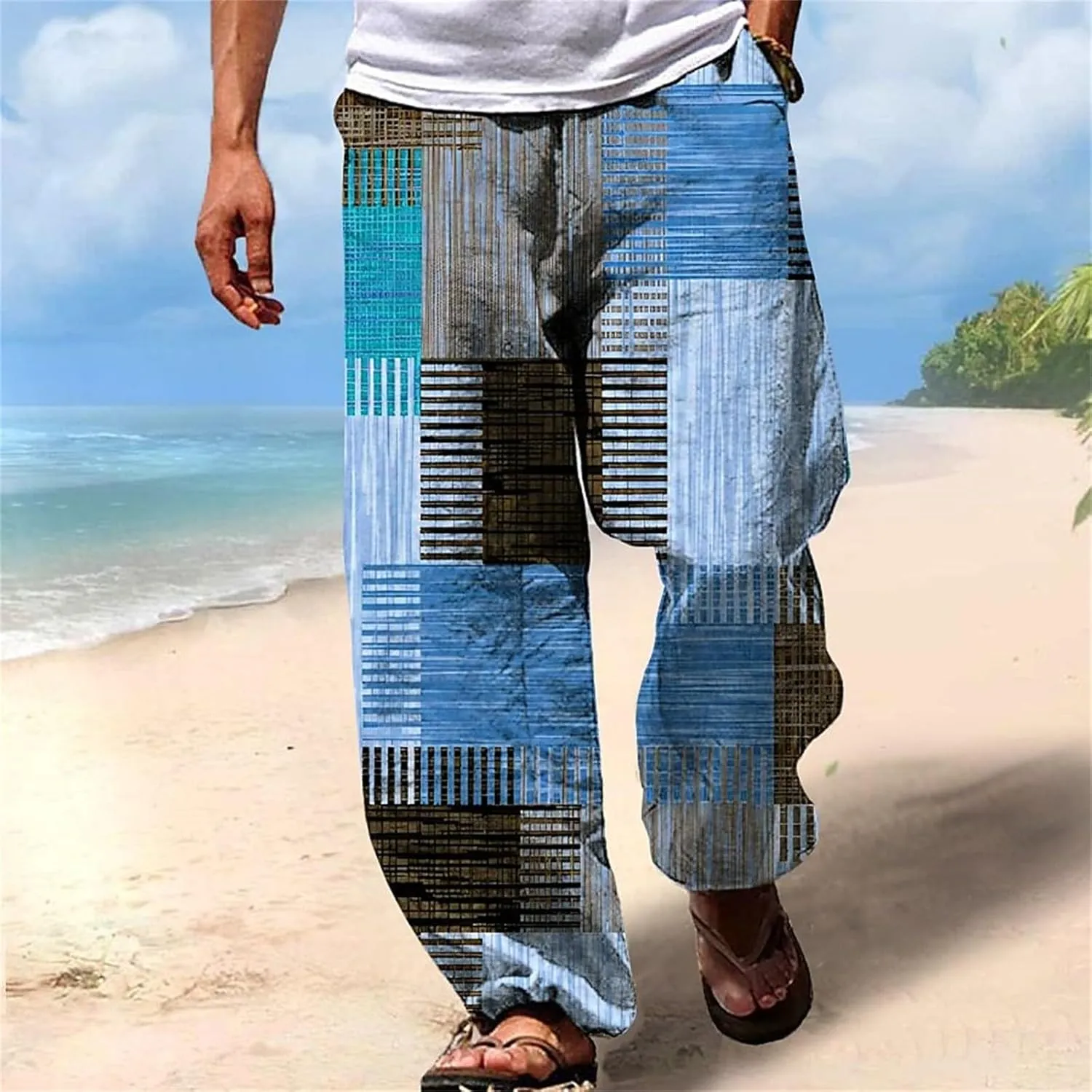 Mens Casual Linen Beach Pants Summer Fashion Jogger Yoga Linen Pants Loose Fit Relaxed Elastic Drawstring Waist