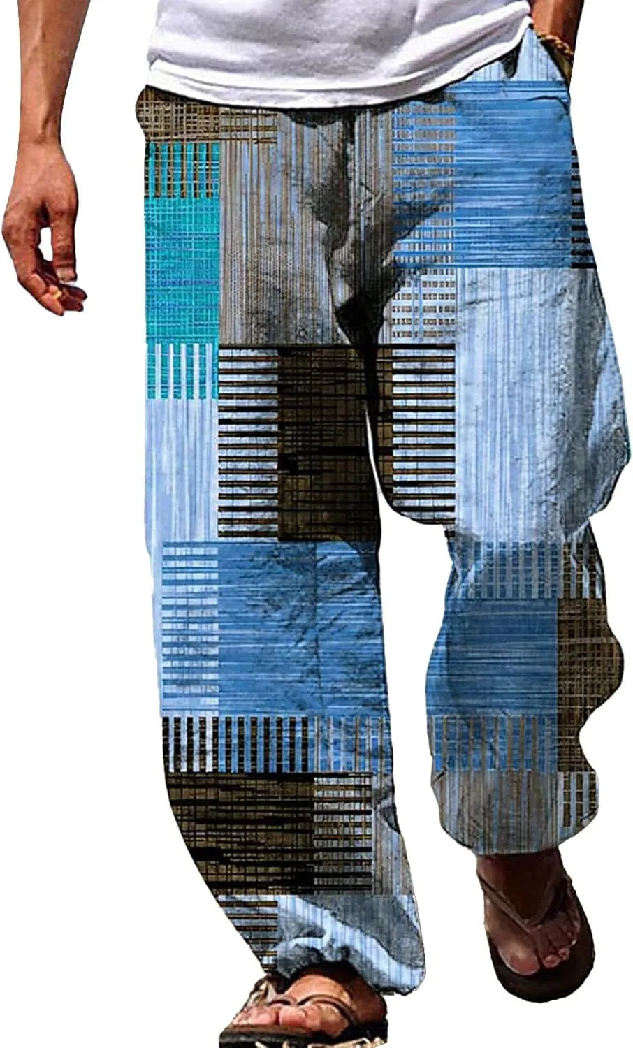 Mens Casual Linen Beach Pants Summer Fashion Jogger Yoga Linen Pants Loose Fit Relaxed Elastic Drawstring Waist