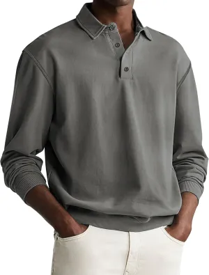 Men's Casual Long Sleeve Polo Shirts Classic Button Down Golf Shirt Loose Fit Pullover Sweatshirts