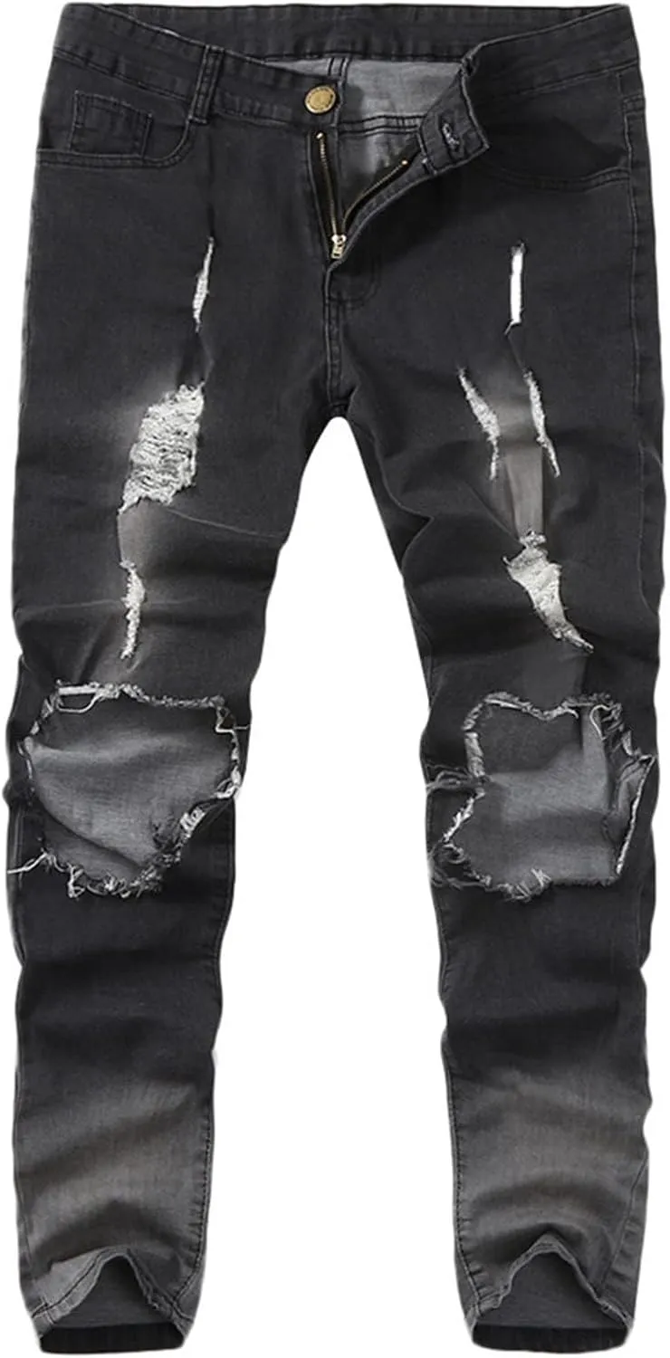 Men's Skinny Denim Pants Slim-fit Ripped Tapered Biker Jeans Pants Distressed Destroyed Slim Fit Ripped Holes Jean