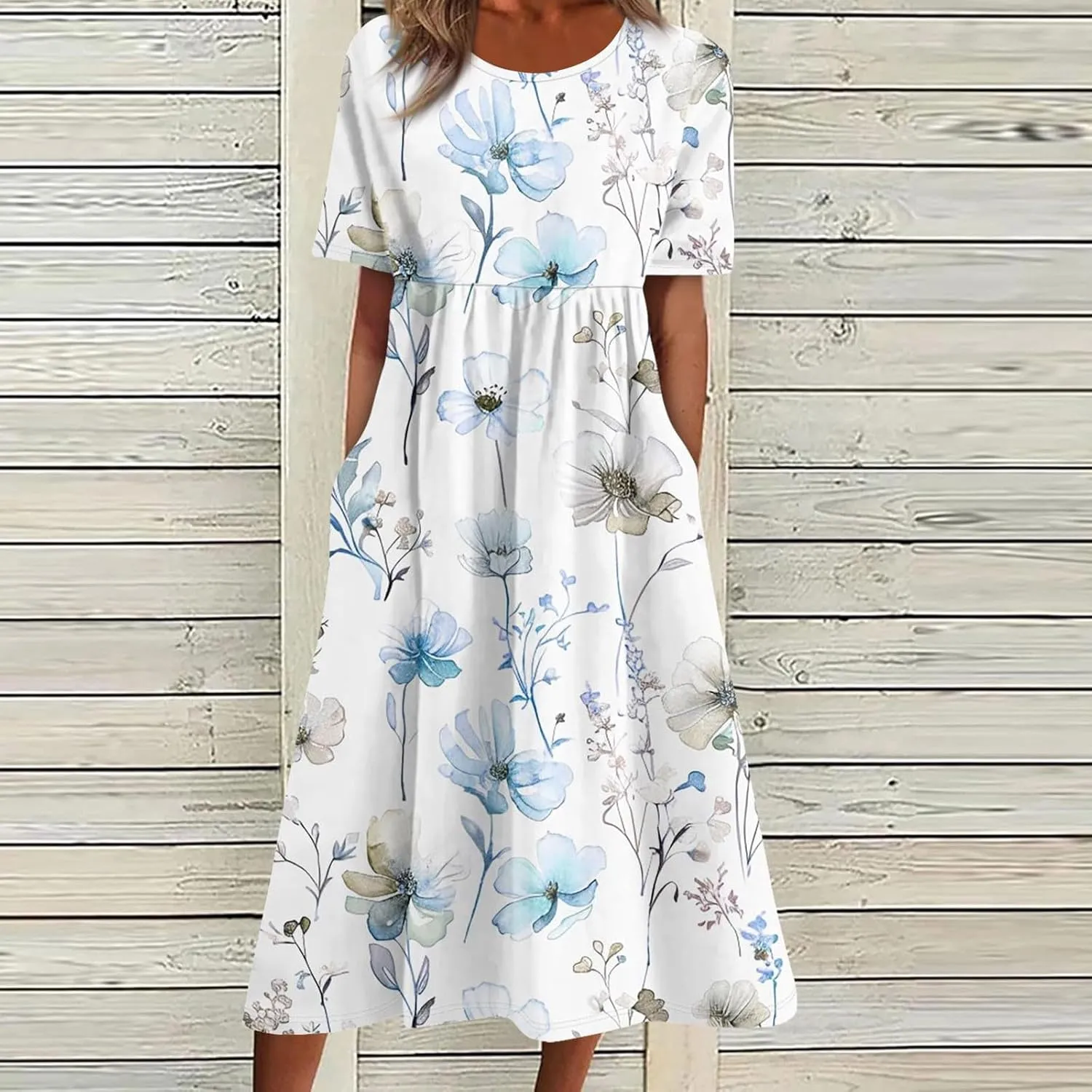 Midi Dresses for Women Short Sleeve Flowy A-Line Dress Casual Floral Print Beach Sundress with Pockets 2025