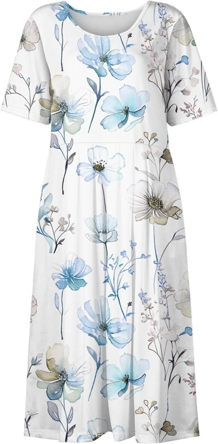 Midi Dresses for Women Short Sleeve Flowy A-Line Dress Casual Floral Print Beach Sundress with Pockets 2025