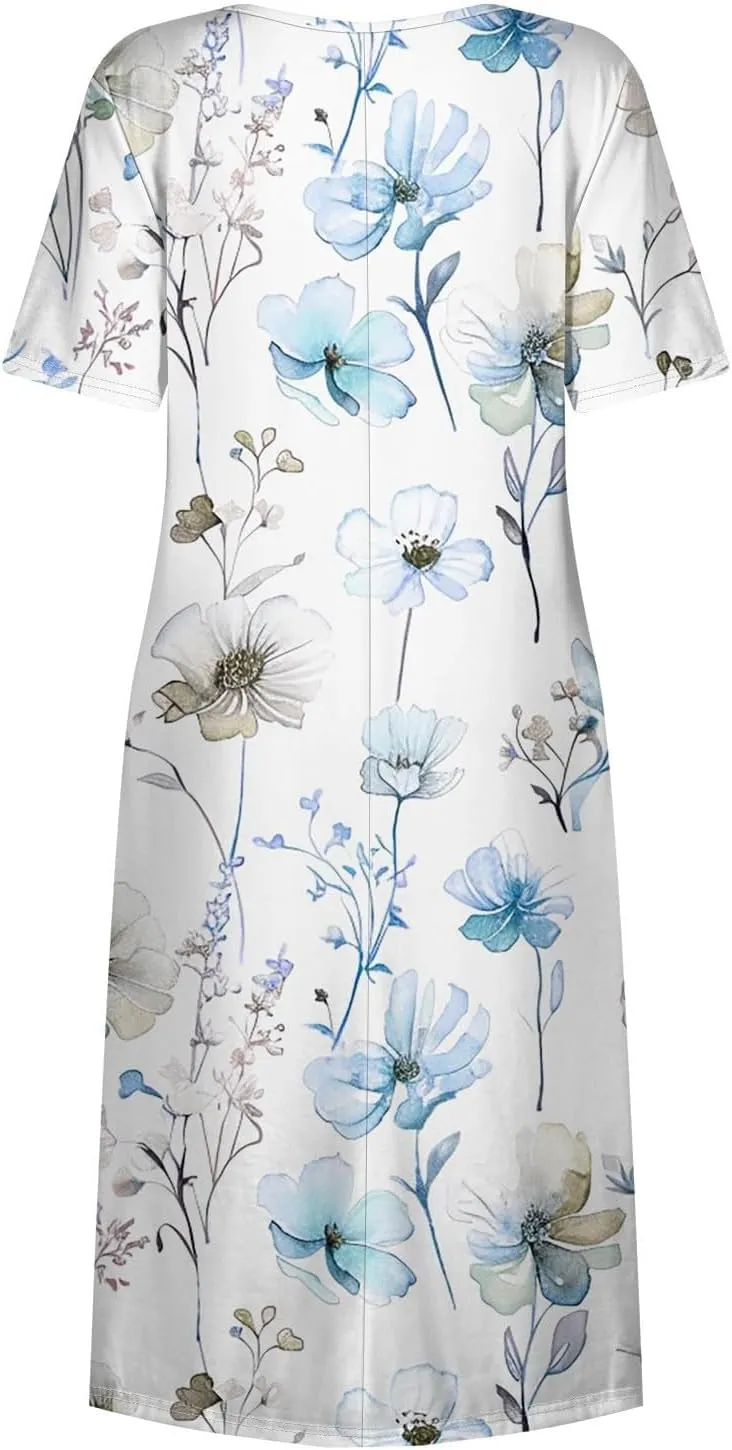 Midi Dresses for Women Short Sleeve Flowy A-Line Dress Casual Floral Print Beach Sundress with Pockets 2025