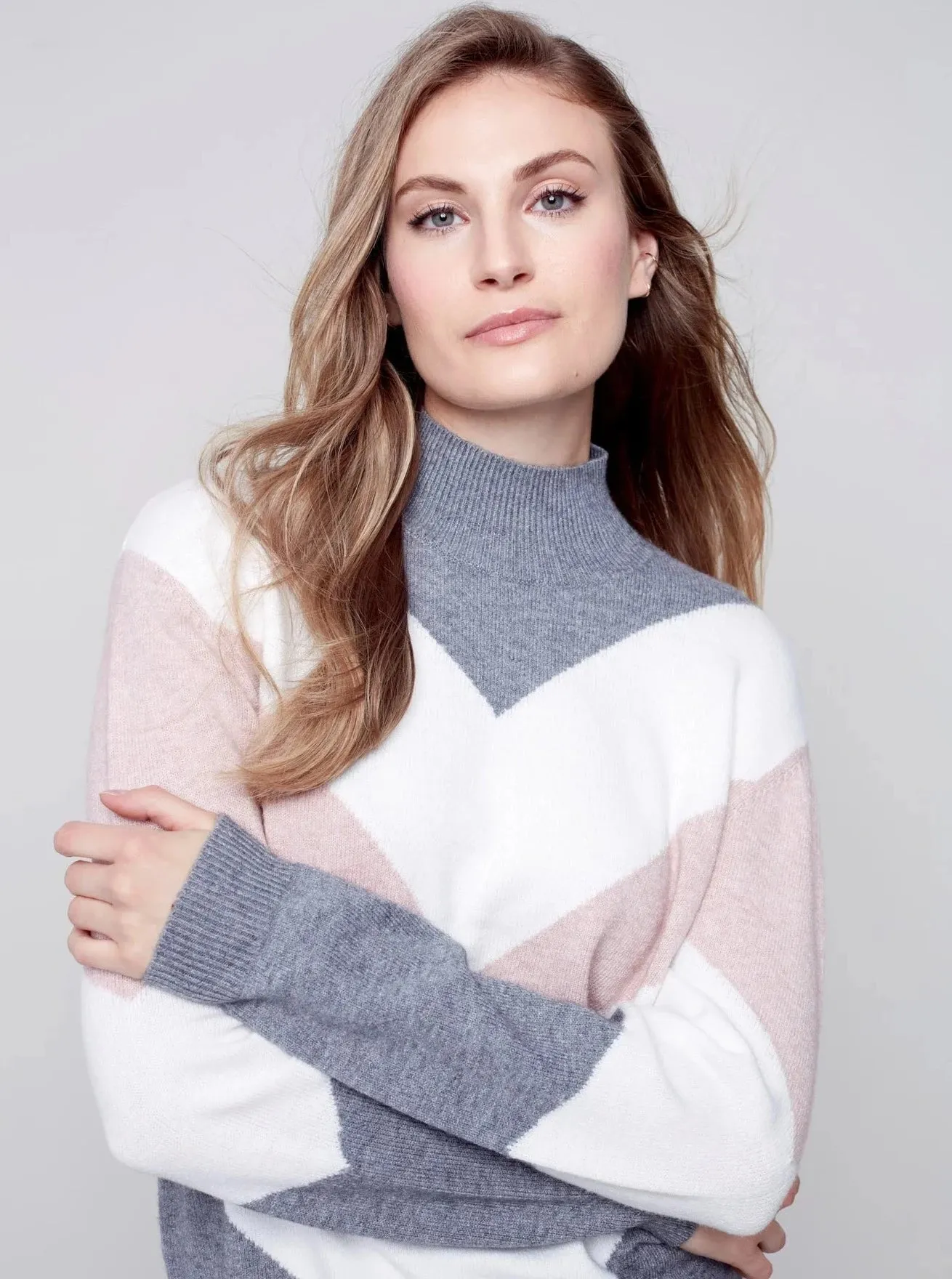 Mock Sweater With Color Block Design [Powder-C2518]