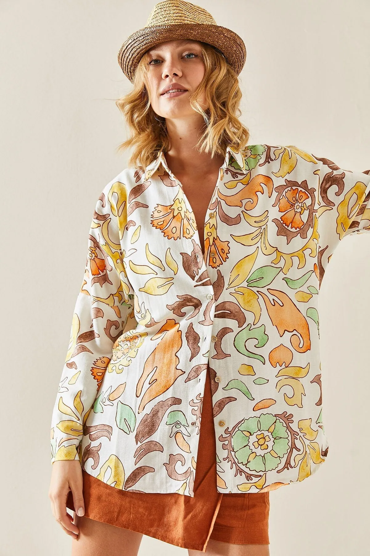 Orange Floral Minimalist Linen Blouse