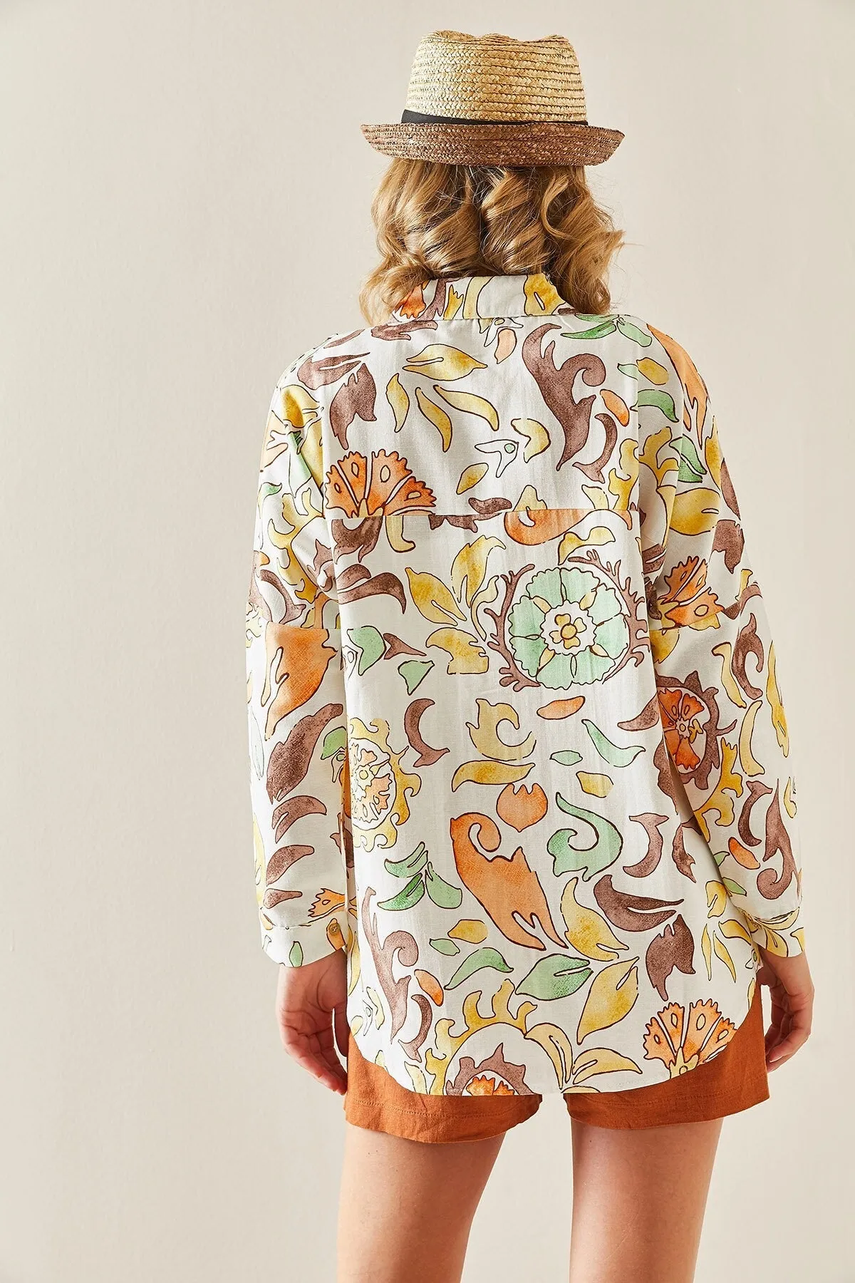 Orange Floral Minimalist Linen Blouse
