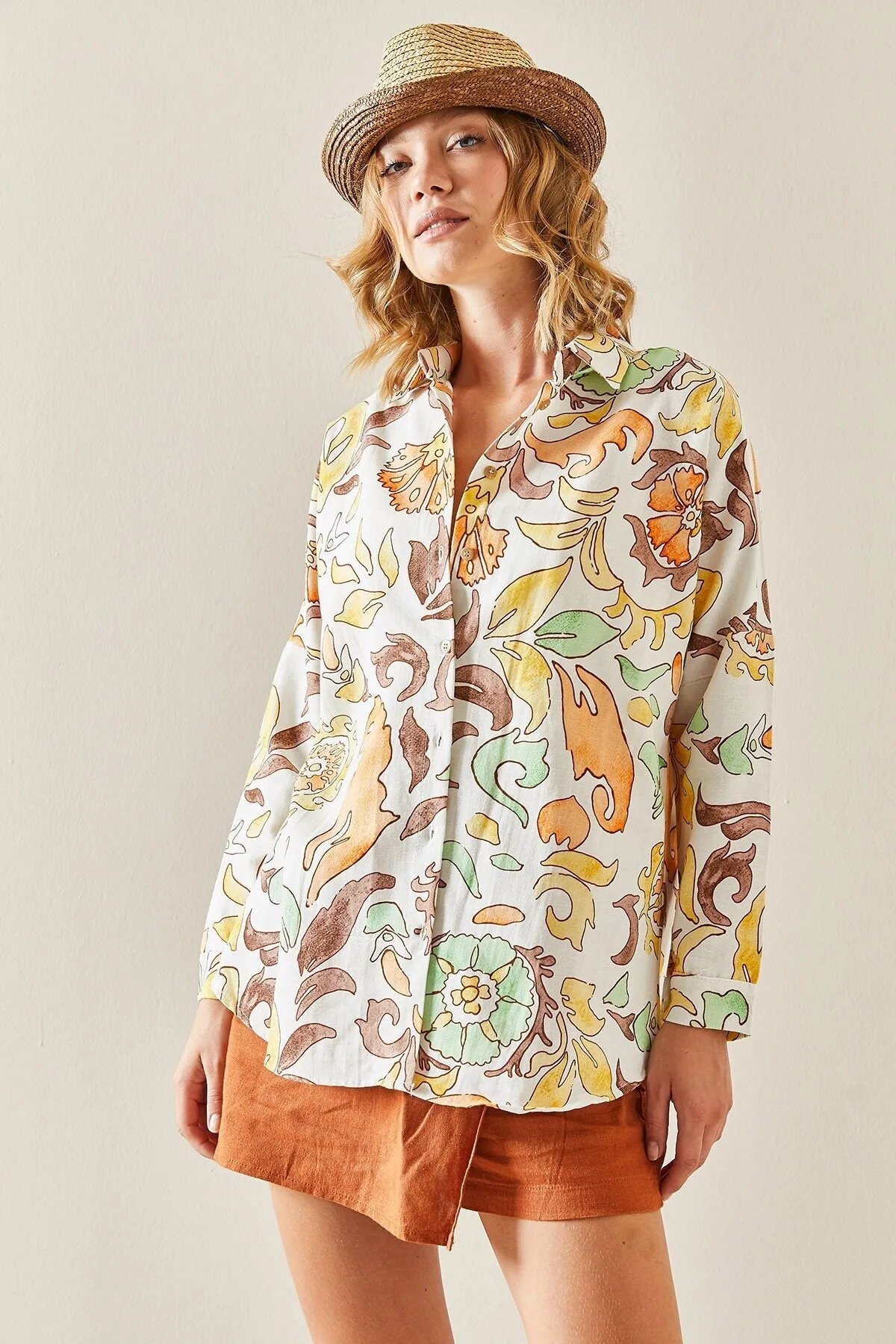 Orange Floral Minimalist Linen Blouse