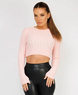 Pink Long Sleeve Cropped Cable Knit Sweater