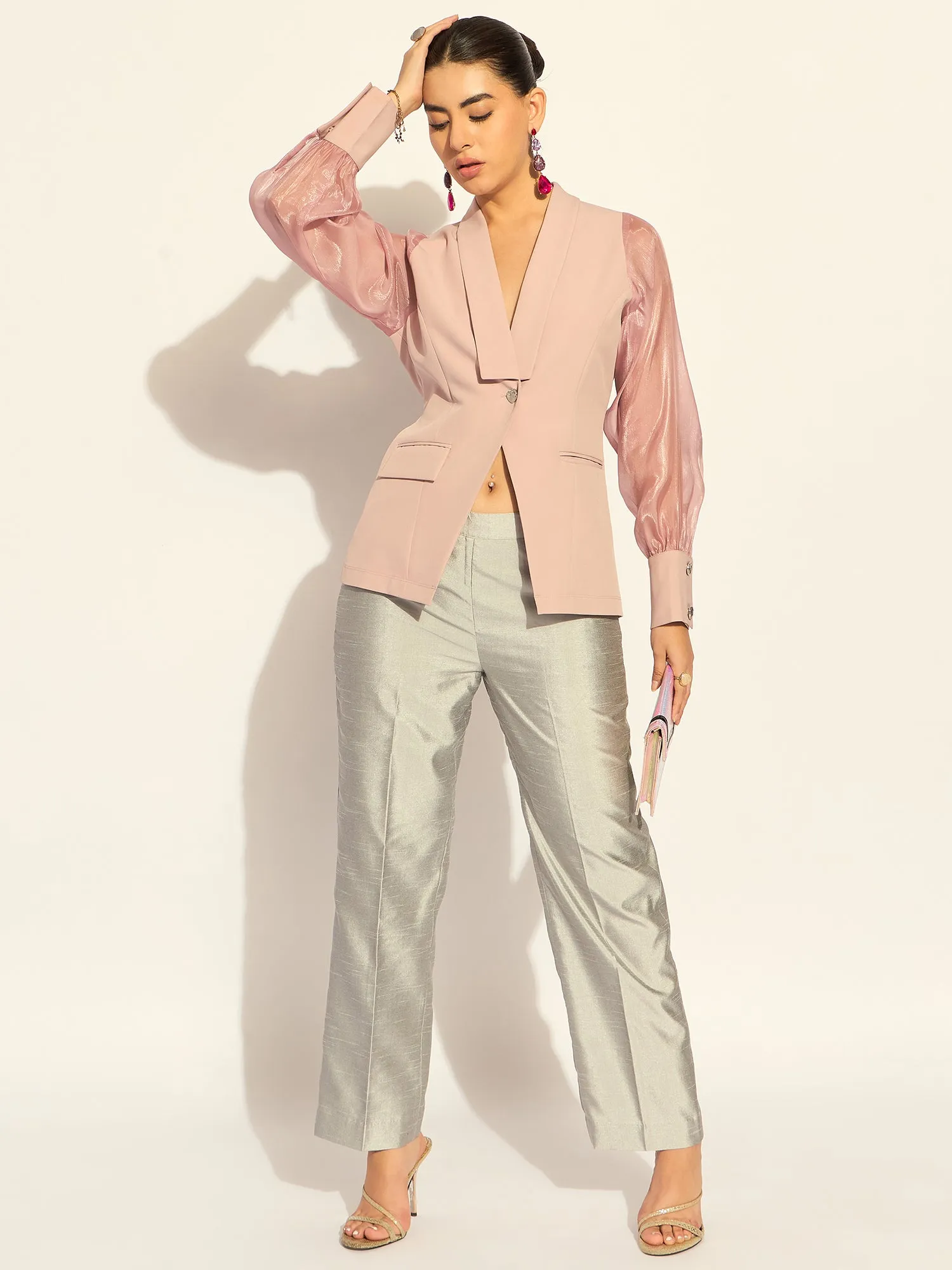 Pink Puffed-Sleeves Split Joint Lapel Top In Stretchable Fabric