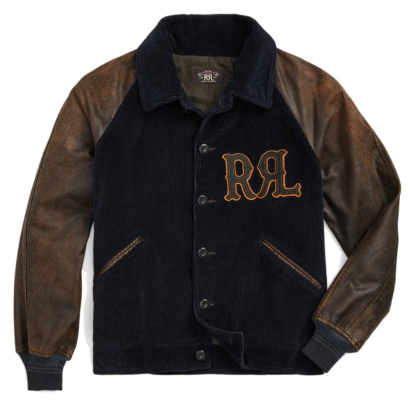 RRL by Ralph Lauren Appliqued Corduroy Leather-Sleeve Jacket Black/Deep Navy