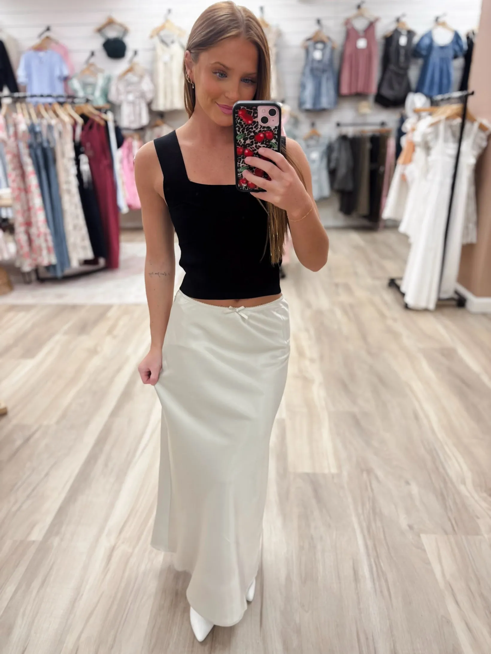 Satin Dove Midi Slip Skirt