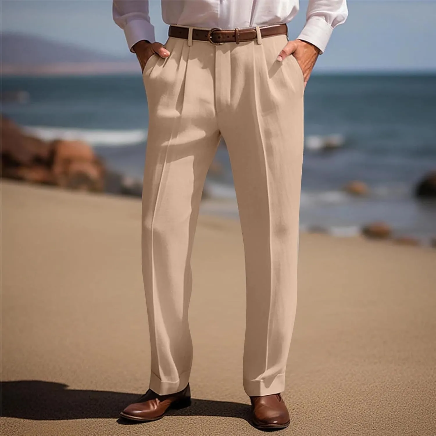 Sinzelimin Men's Suit Pants Fashion Solid Color Dressy Business Casual Office Work Trouser Straight Wide Leg Sweatpant
