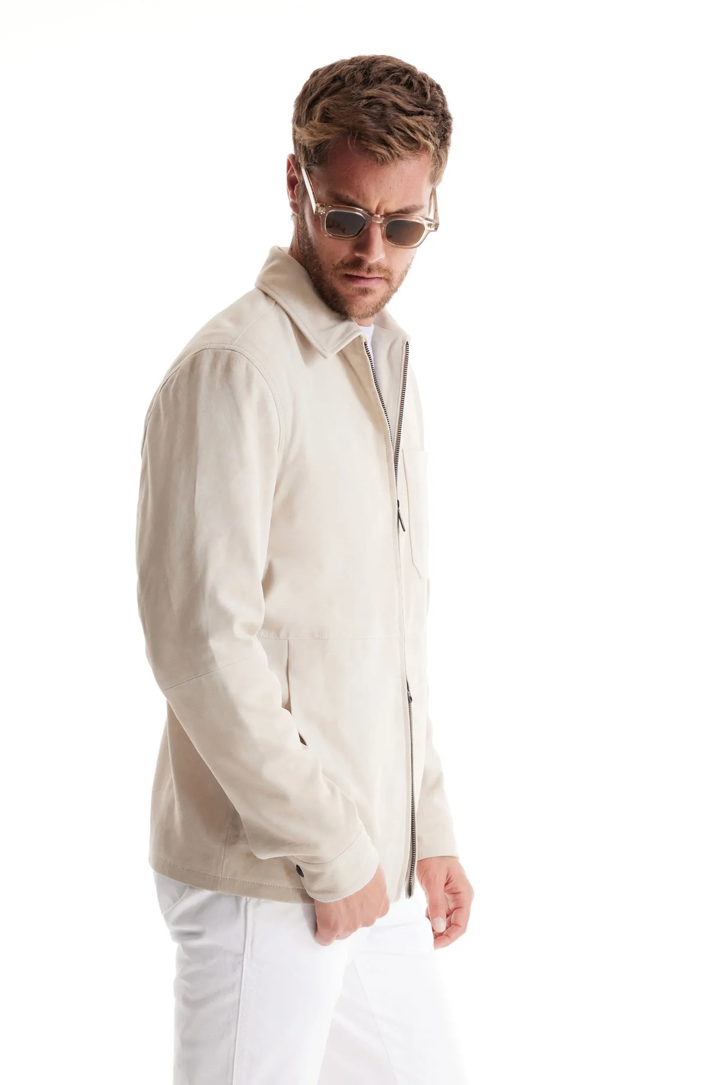 Soft Cloth Canyon Shirt Jacket in Suede - Silver Birch