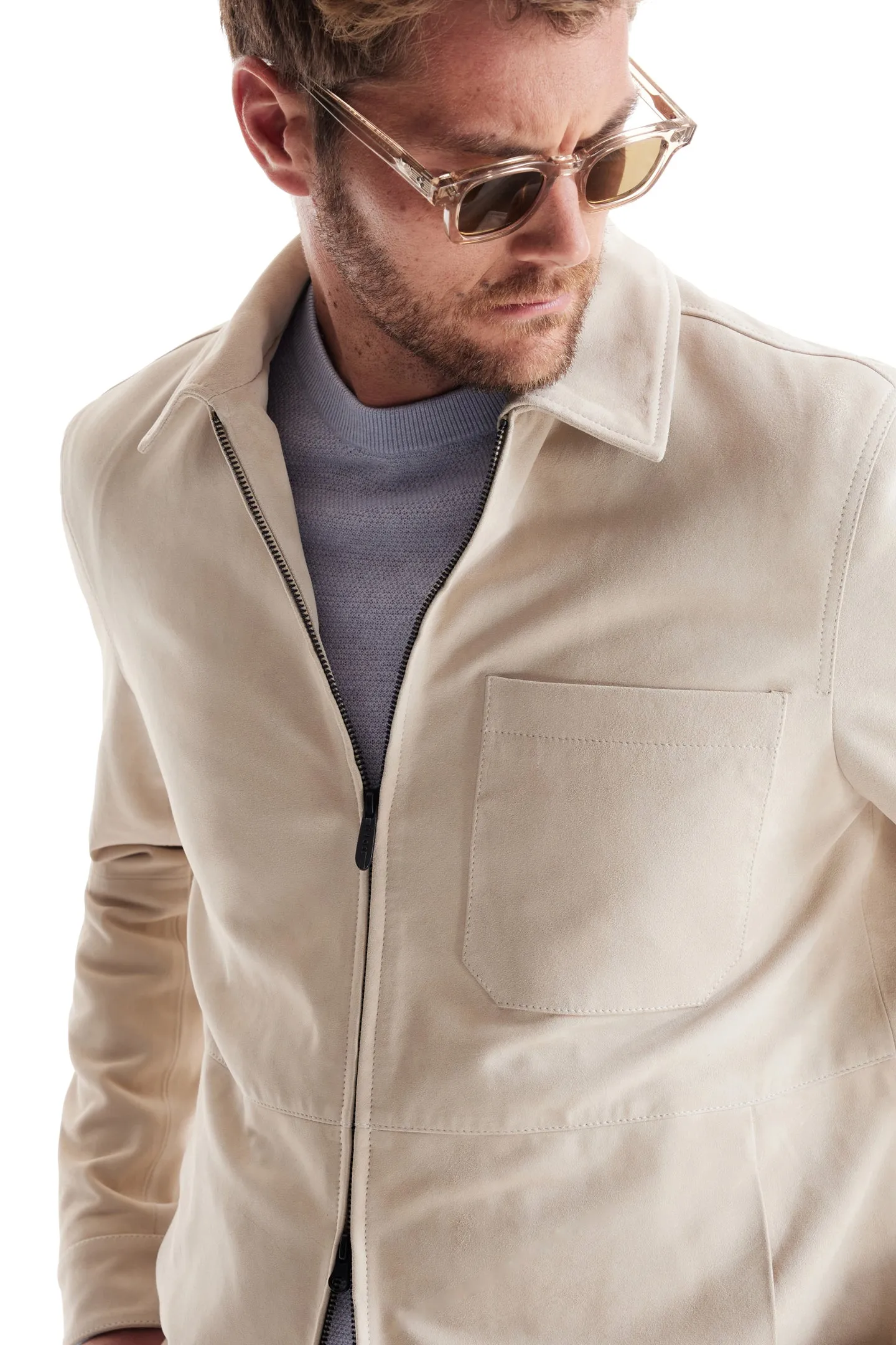Soft Cloth Canyon Shirt Jacket in Suede - Silver Birch