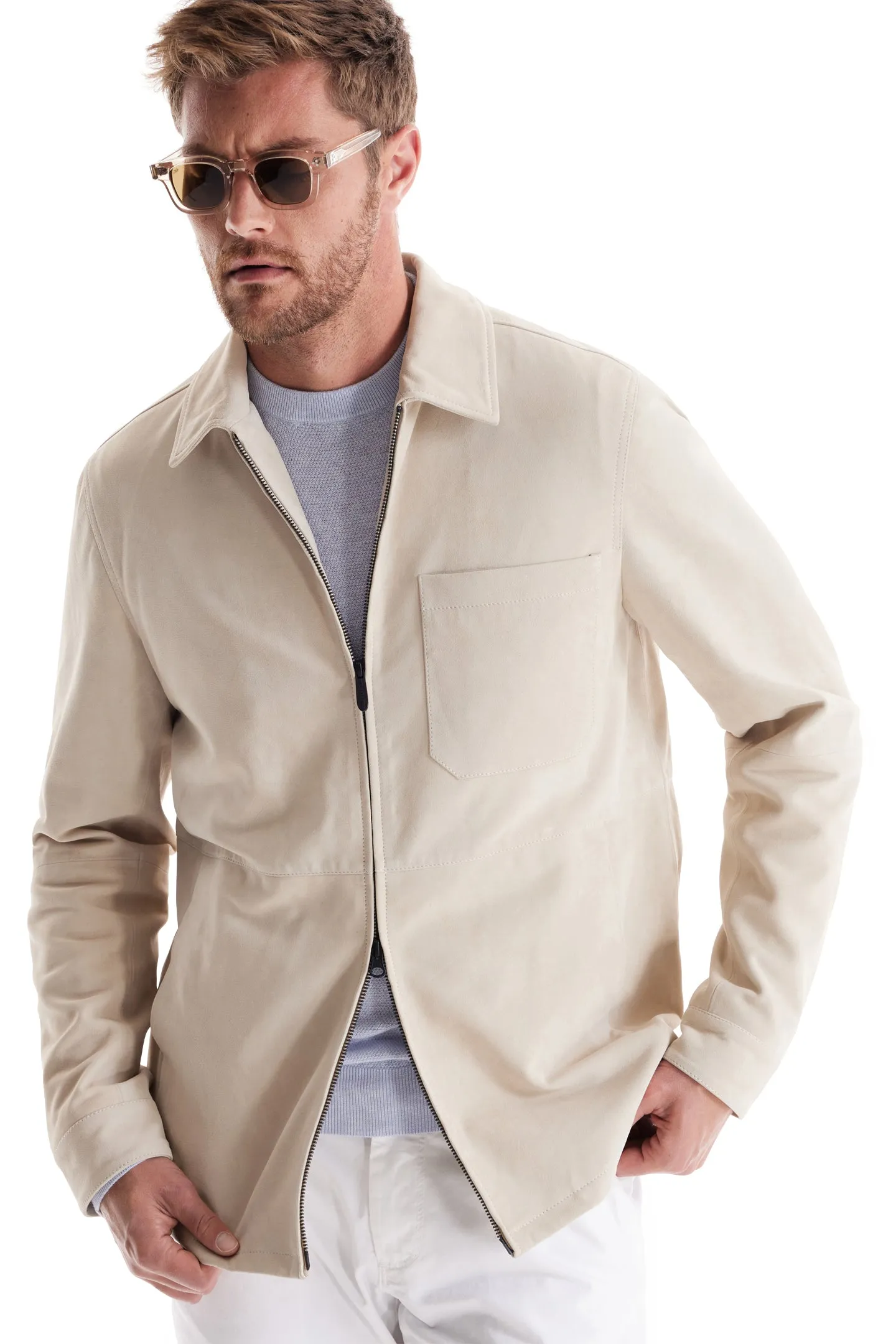 Soft Cloth Canyon Shirt Jacket in Suede - Silver Birch