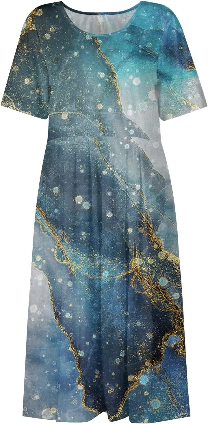 Spring Dresses for Women 2025 Short Sleeve Crew Neck Floral Long Flowy Dress Summer Dresses for Women 2025 Going Out Dress