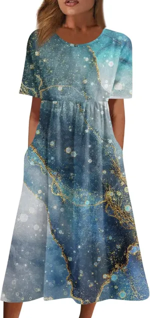 Spring Dresses for Women 2025 Short Sleeve Crew Neck Floral Long Flowy Dress Summer Dresses for Women 2025 Going Out Dress