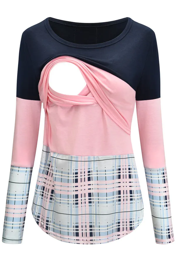 Stitching Contrast Stripes Color Block Comfortable Nursing Top