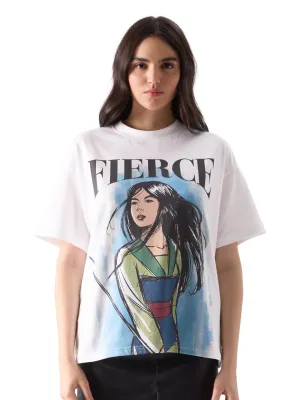 The Souled Store Mulan: Fierce Womens Oversized Fit Graphic Printed Half Sleeve Cotton White Women Oversized T-Shirts Women Oversized T-Shirts Fashionable Trendy Graphic Prints Pop Culture Merchandise