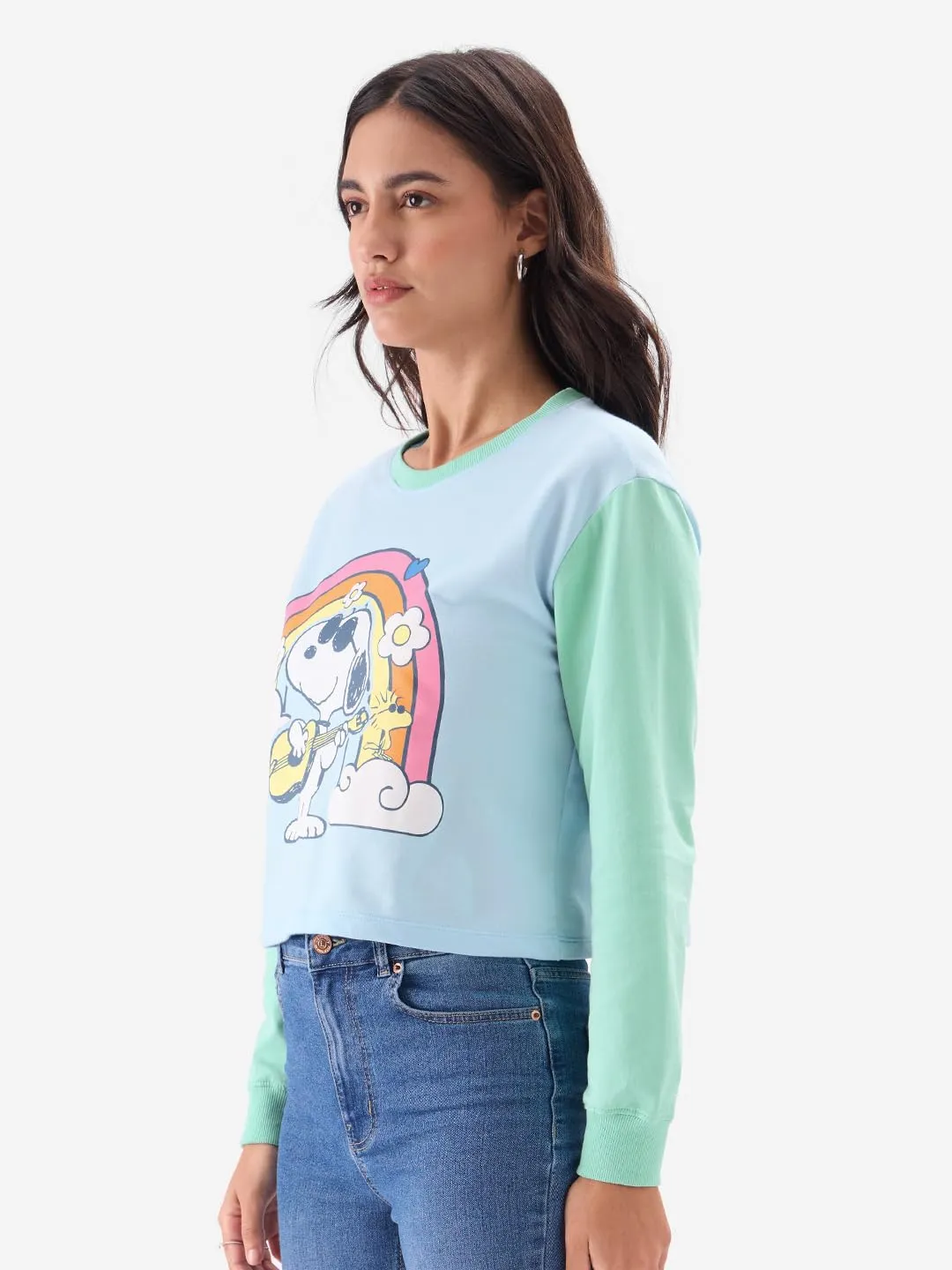 The Souled Store Peanuts: Groove Women and Girls Blue Long Sleeve Round Neck Graphic Printed Oversized Crop Fit Pre-Winter Tops