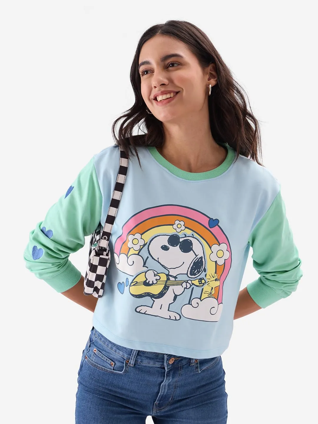 The Souled Store Peanuts: Groove Women and Girls Blue Long Sleeve Round Neck Graphic Printed Oversized Crop Fit Pre-Winter Tops