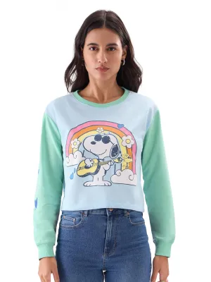 The Souled Store Peanuts: Groove Women and Girls Blue Long Sleeve Round Neck Graphic Printed Oversized Crop Fit Pre-Winter Tops
