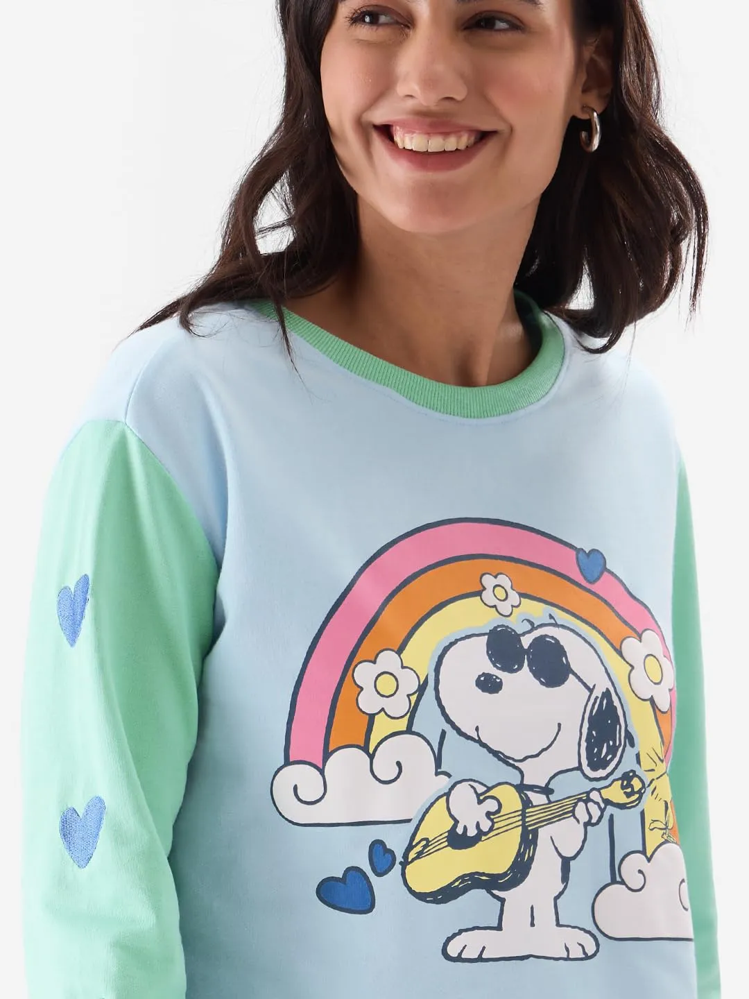The Souled Store Peanuts: Groove Women and Girls Blue Long Sleeve Round Neck Graphic Printed Oversized Crop Fit Pre-Winter Tops