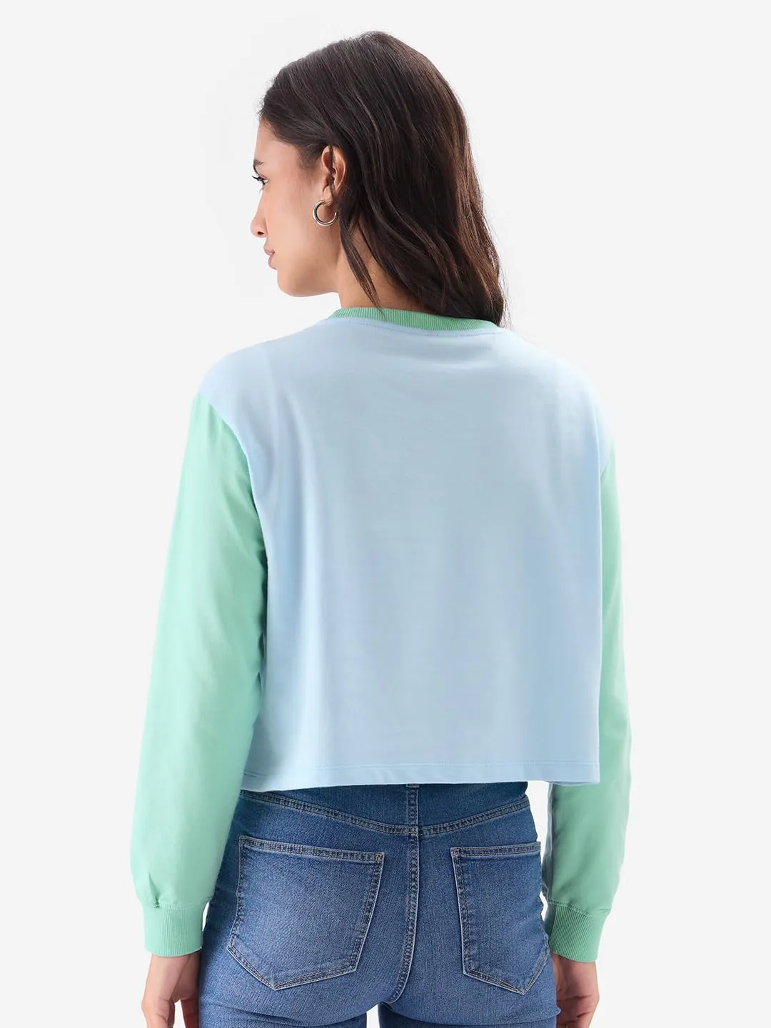 The Souled Store Peanuts: Groove Women and Girls Blue Long Sleeve Round Neck Graphic Printed Oversized Crop Fit Pre-Winter Tops