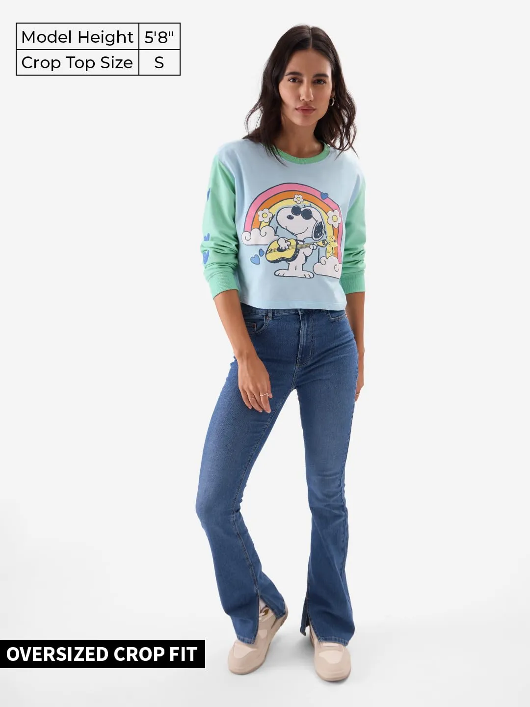 The Souled Store Peanuts: Groove Women and Girls Blue Long Sleeve Round Neck Graphic Printed Oversized Crop Fit Pre-Winter Tops
