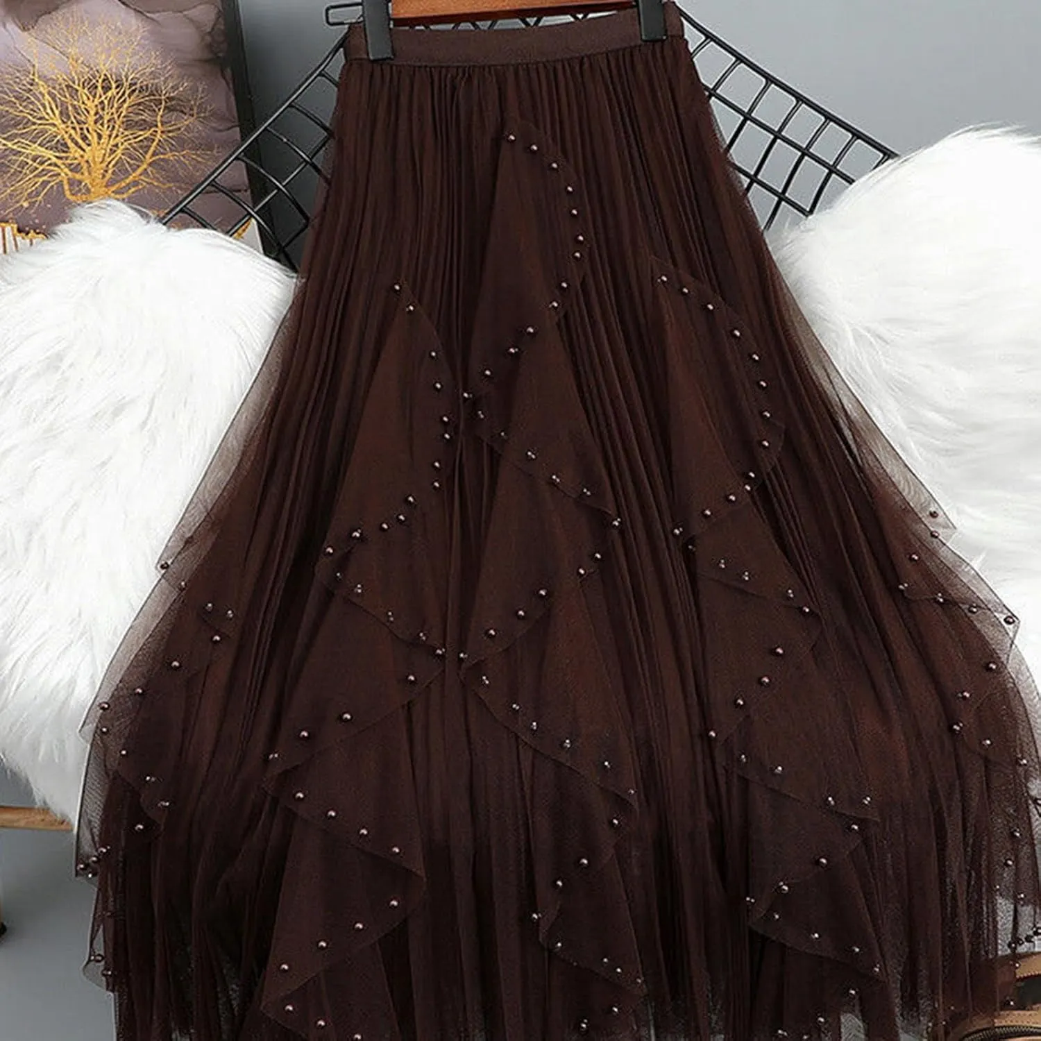 Tulle Skirts for Women Solid Color Flowy Midi Skirt Irregular Hem Mesh Layered High Elastic Waist A-line Swing Skirts