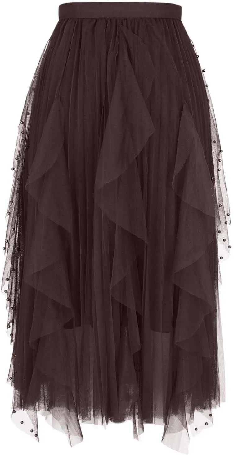 Tulle Skirts for Women Solid Color Flowy Midi Skirt Irregular Hem Mesh Layered High Elastic Waist A-line Swing Skirts