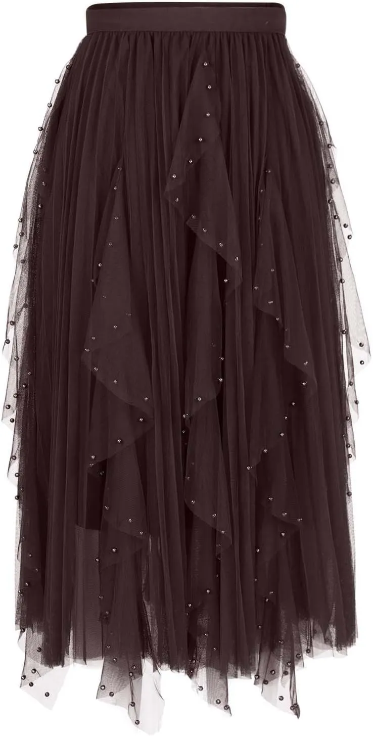 Tulle Skirts for Women Solid Color Flowy Midi Skirt Irregular Hem Mesh Layered High Elastic Waist A-line Swing Skirts