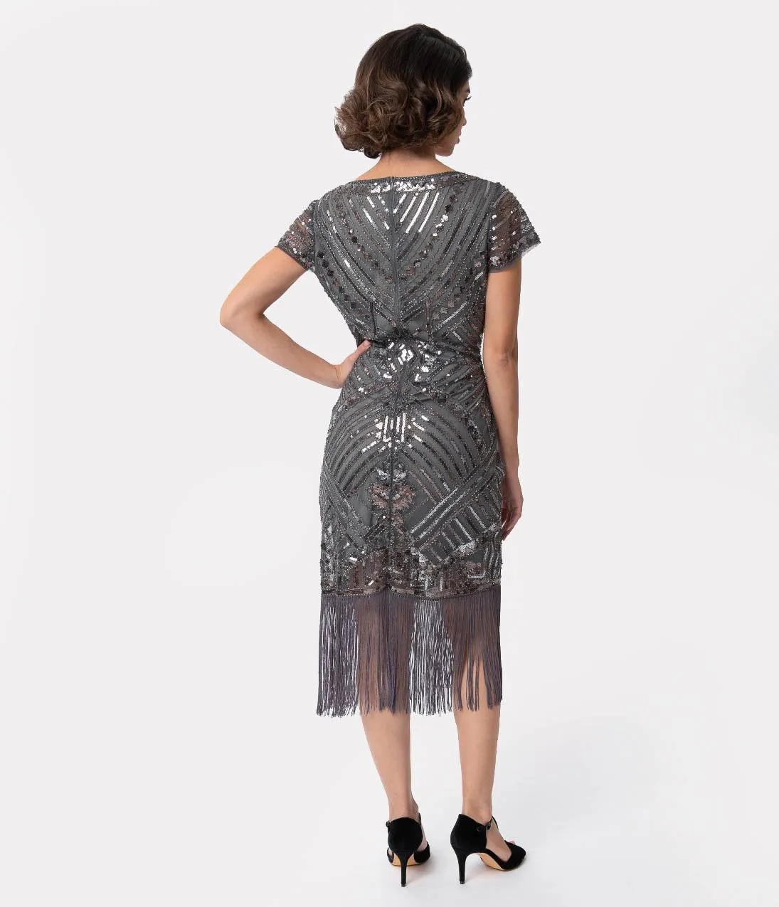 Unique Vintage 1920s Grey Beaded Cap Sleeve Renaldo Cocktail Dress