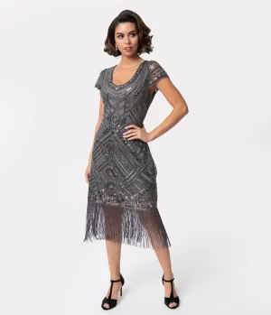 Unique Vintage 1920s Grey Beaded Cap Sleeve Renaldo Cocktail Dress