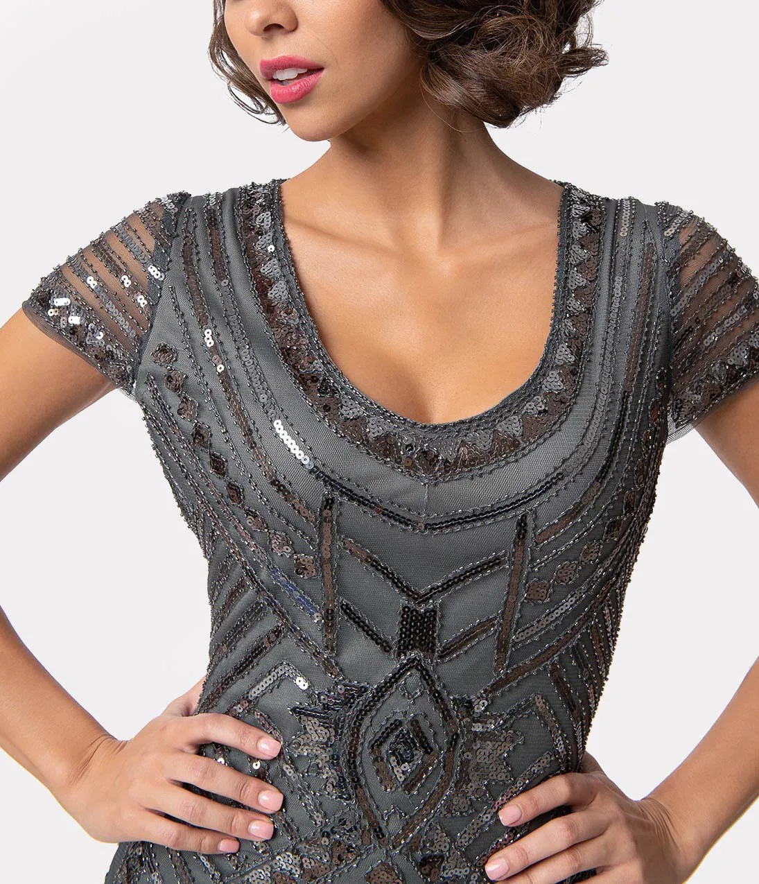 Unique Vintage 1920s Grey Beaded Cap Sleeve Renaldo Cocktail Dress