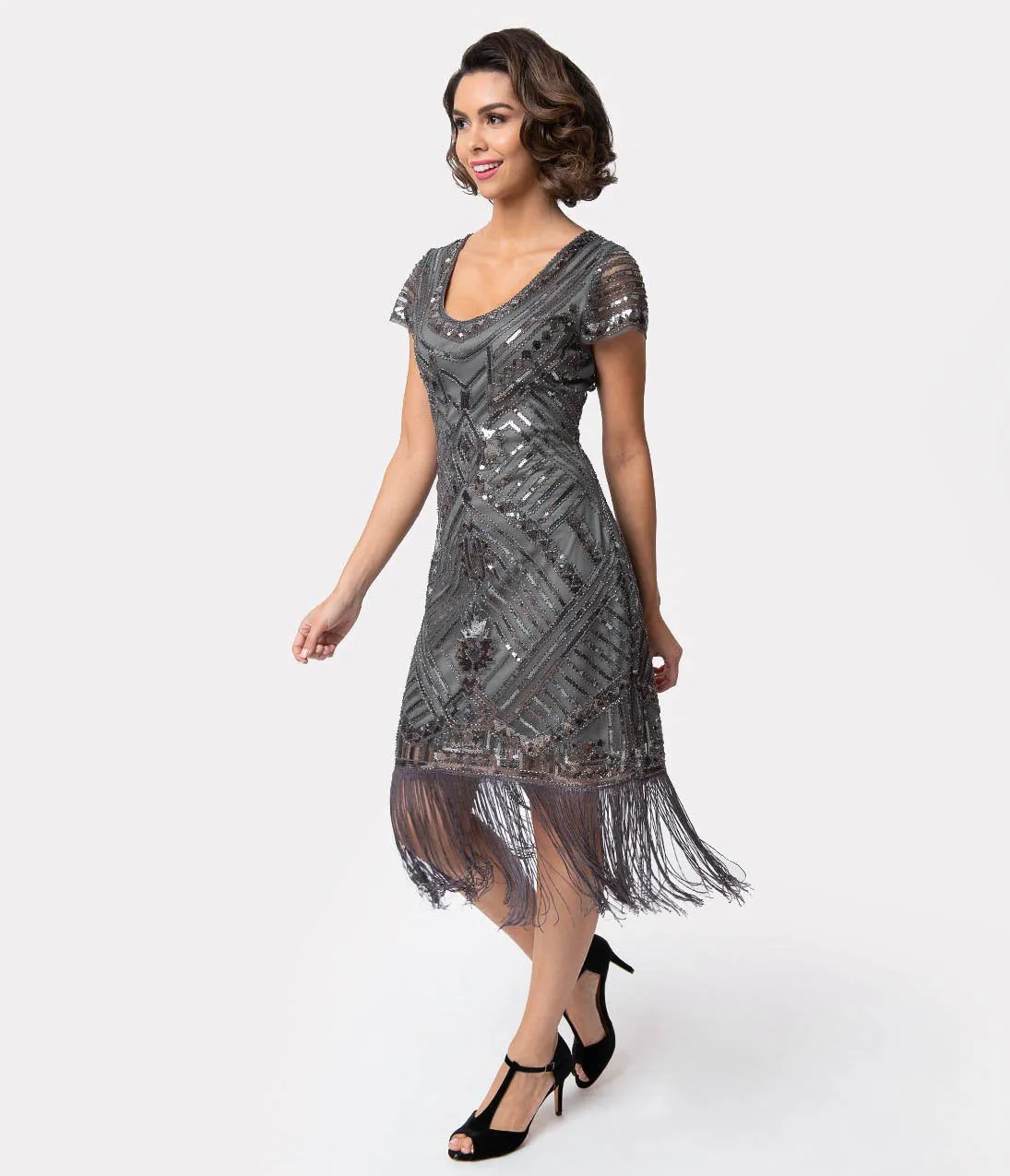 Unique Vintage 1920s Grey Beaded Cap Sleeve Renaldo Cocktail Dress
