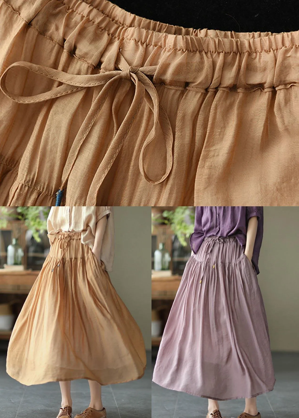 Vintage Light Purple Elegant Patchwork Tie Waist Summer Skirt Linen