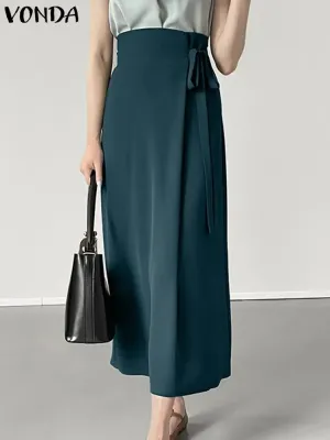 VONDA Elegant Women Midi Skirts 2024 Fashion Vintage Autumn Long Skirts Casual OL Solid Color Tie up Loose Bottoms Oversized