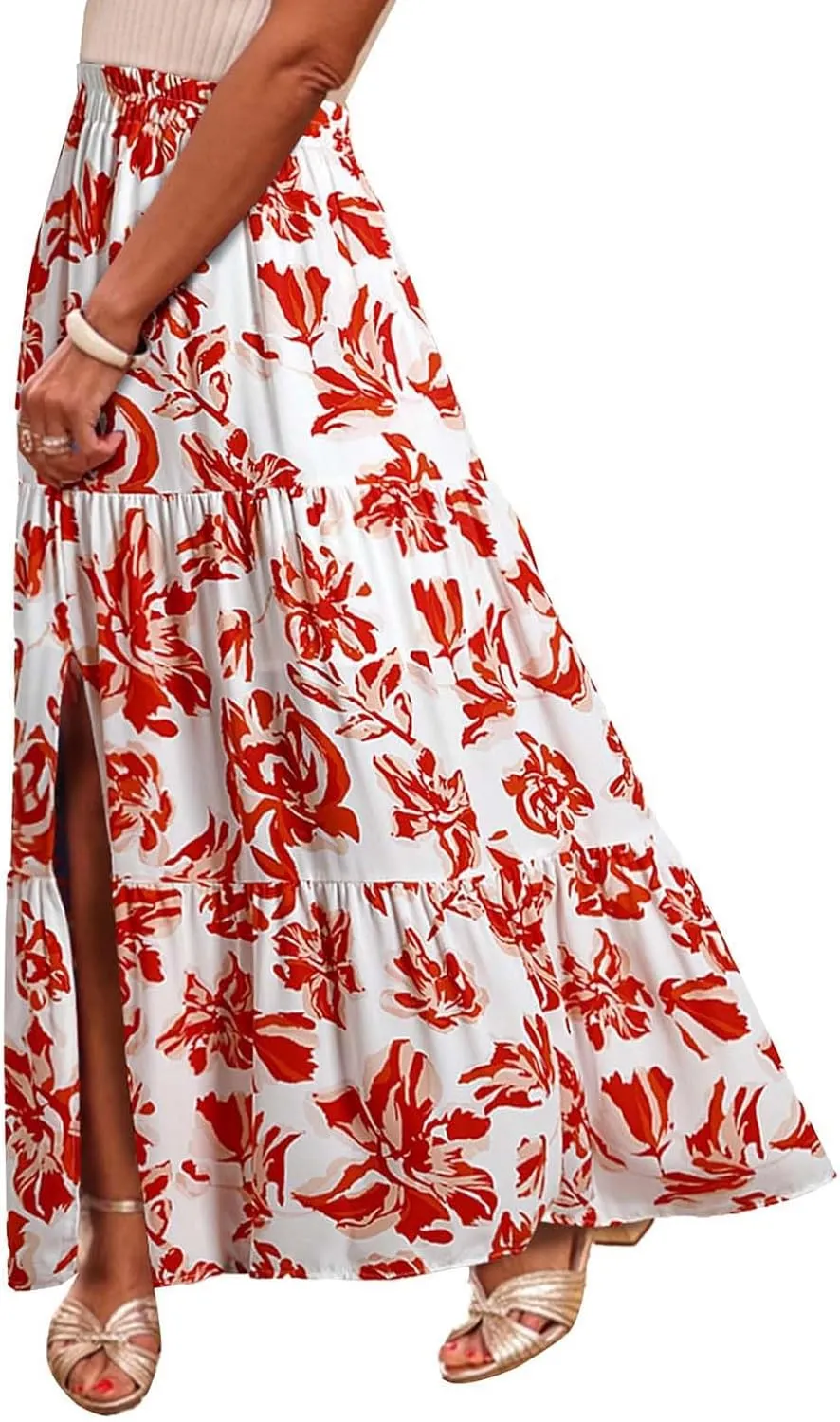 Womens Boho Skirts Summer Split Maxi Skirt Floral Print Bohemian Beach Elegant Tiered Ruffle Half Dress