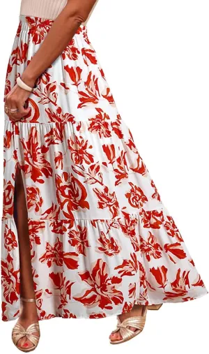 Womens Boho Skirts Summer Split Maxi Skirt Floral Print Bohemian Beach Elegant Tiered Ruffle Half Dress
