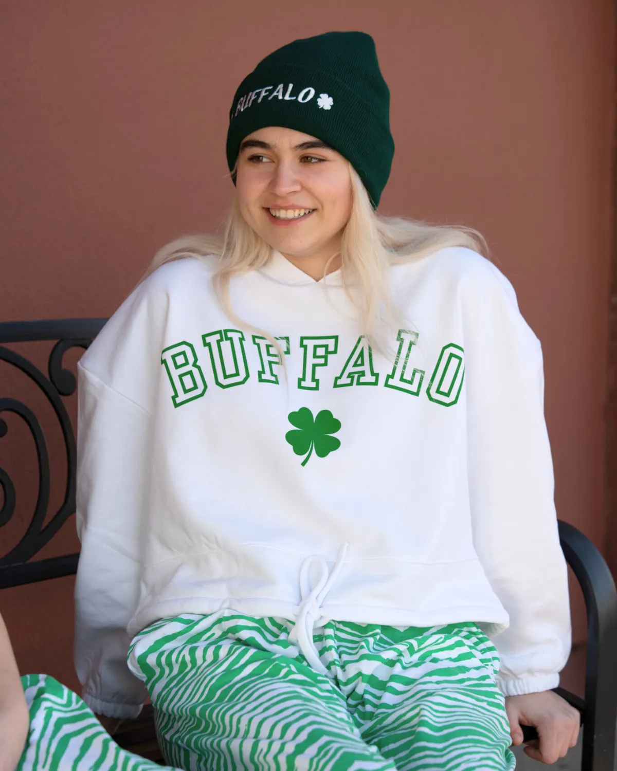 Women's Buffalo With Clover White Cropped Hoodie
