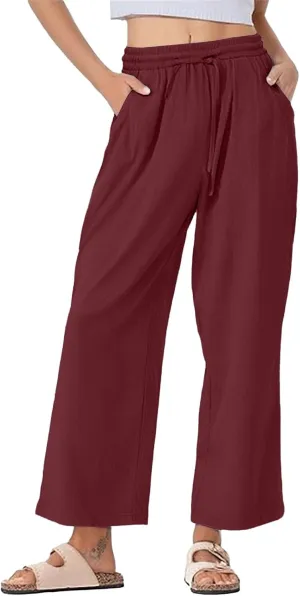 Womens Casual Linen High Waist Pants Drawstring Waist Loose Fit Summer Pants Beach Trousers Outfits