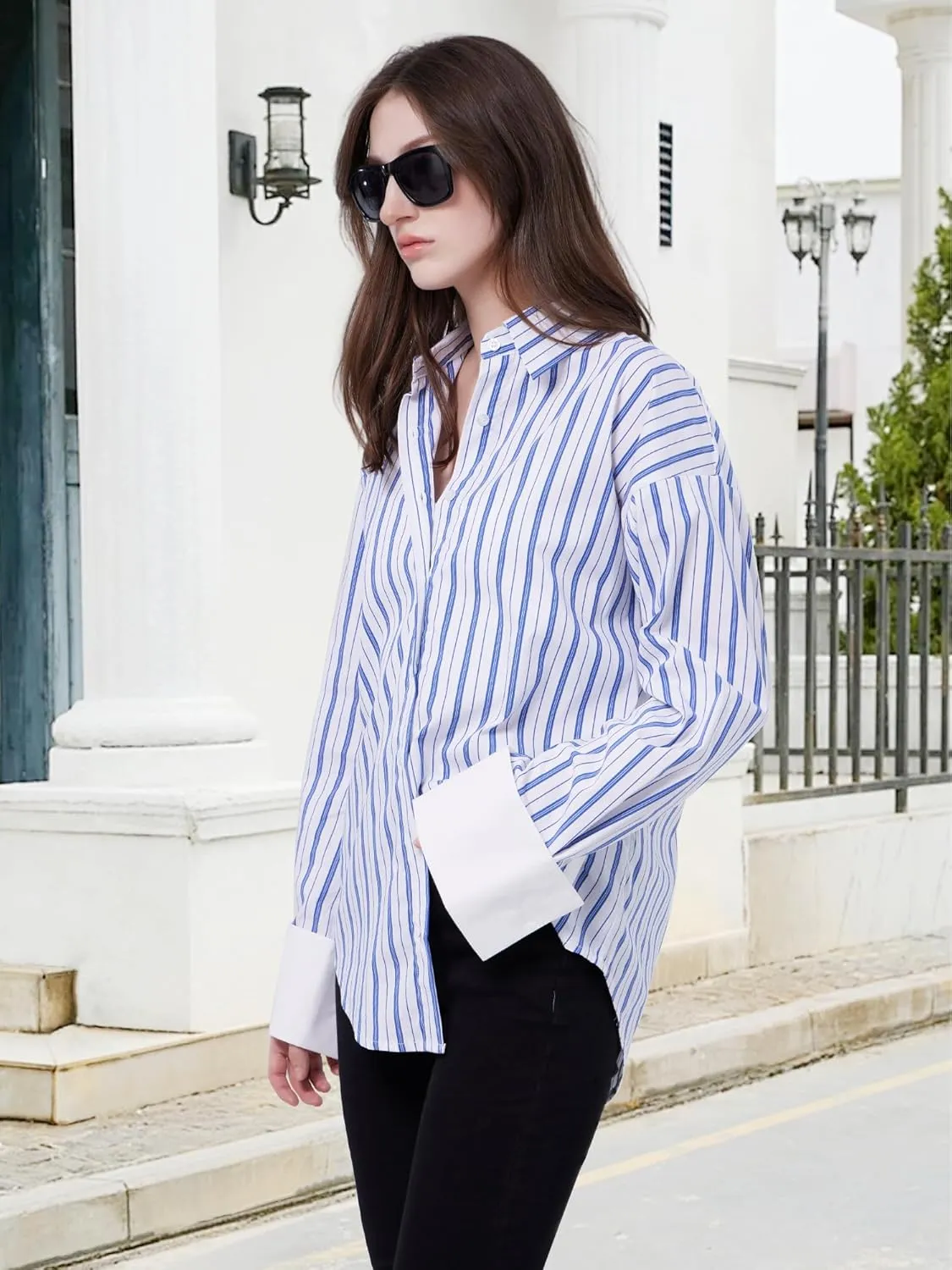 Womens Long Sleeve Button Down Striped Shirts Casual Cufflink-Free Blouse Shirts